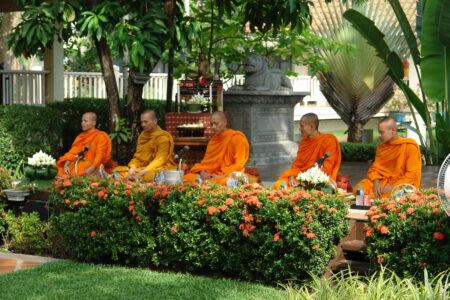 Monks blessing staff and patrons at the Sofitel Angkor Phokeethra, Sein Reap, Cambodia as part of the Cambodian National day celebrations