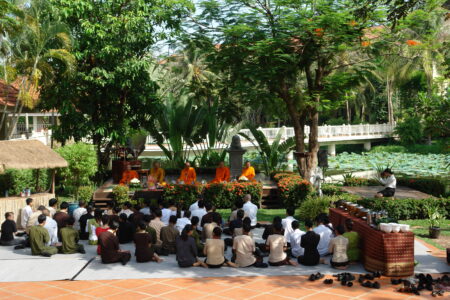 Monks blessing staff at the Sofitel Angkor Phokeethra, Sein Reqap, Cambodia